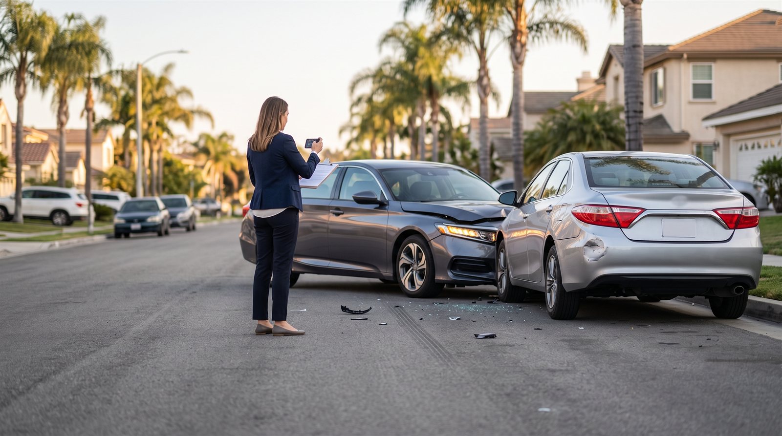 Woman inspecting rear-end collision damage between two cars on a California street