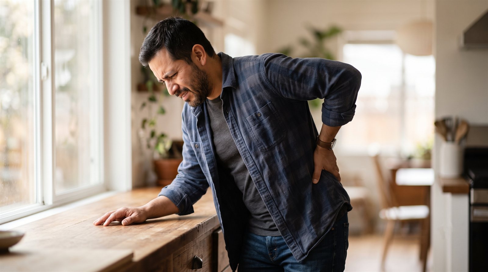 Latino man in his forties holding his lower back in pain after a California car accident