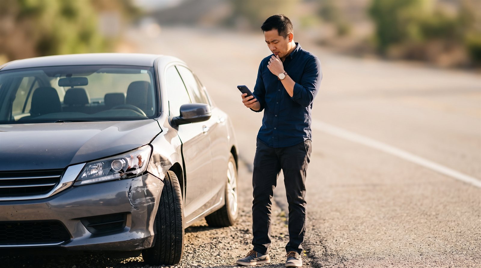 Asian-American man on his phone beside his damaged car on a California roadside after an accident