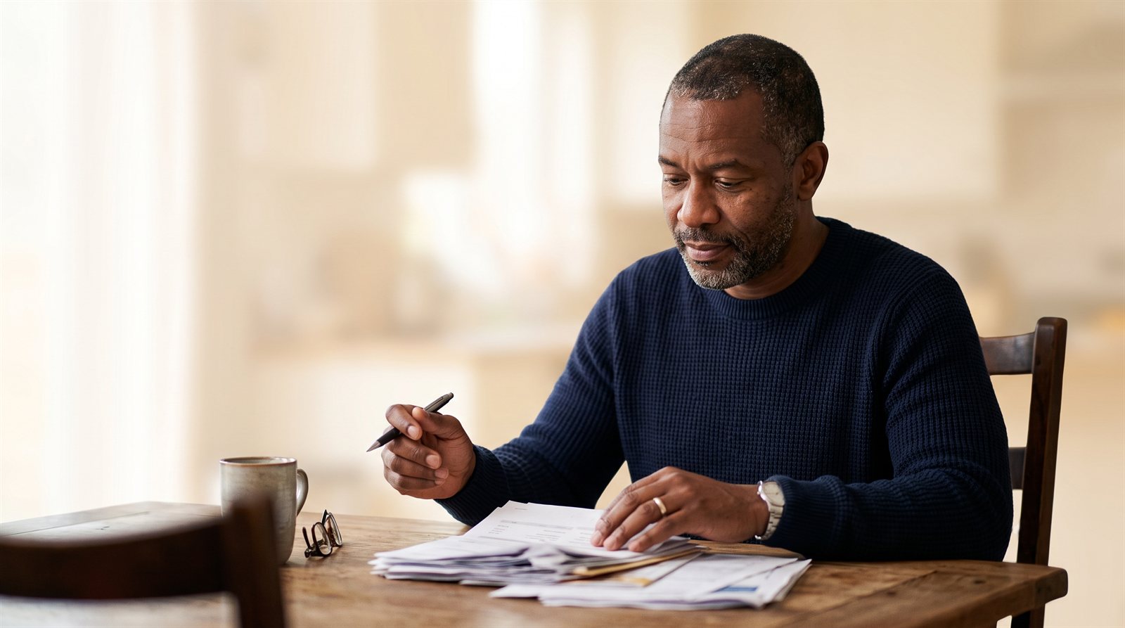 Middle-aged Black man reviewing car accident settlement paperwork at a desk in California