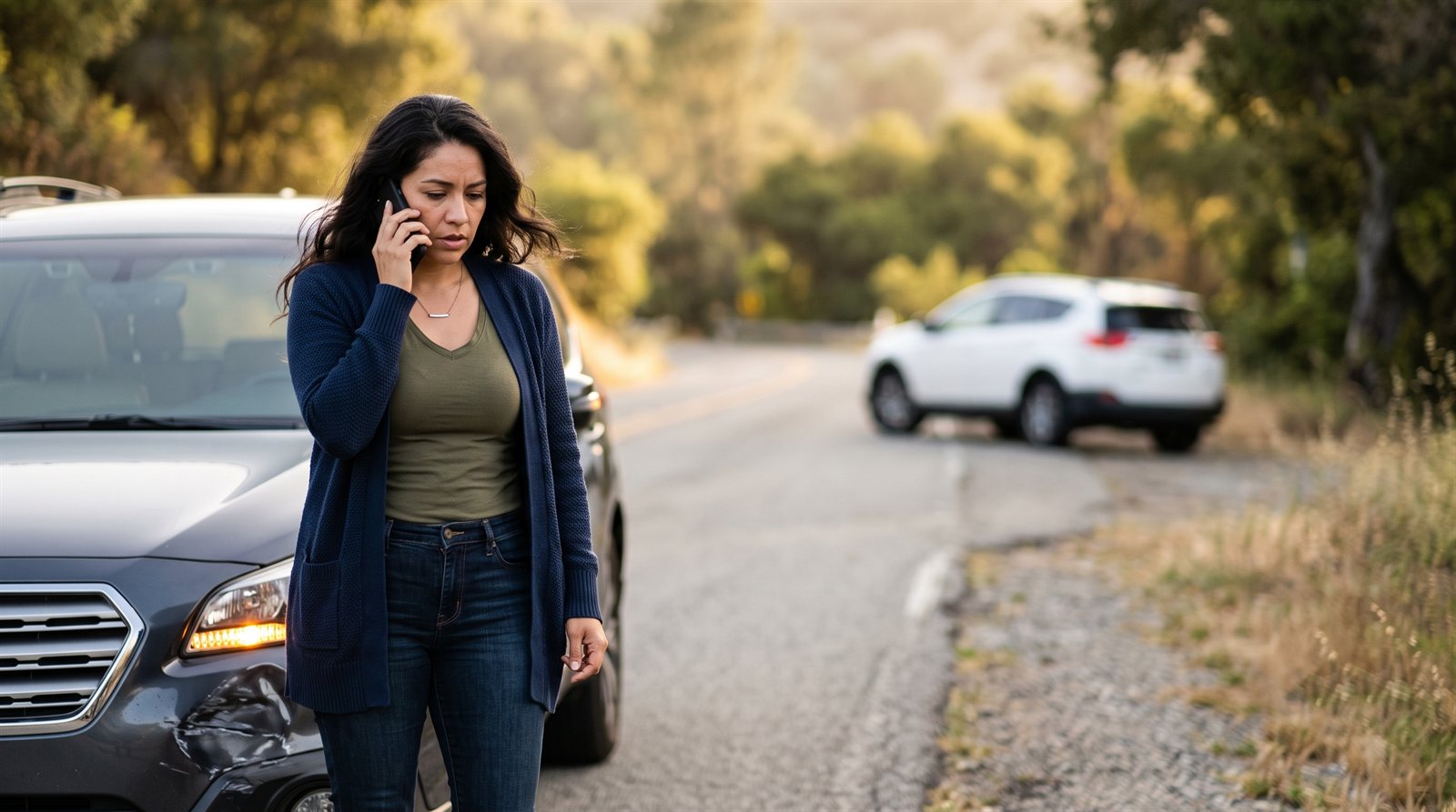 Mujer latina revisando los daños después de un accidente de carro en California