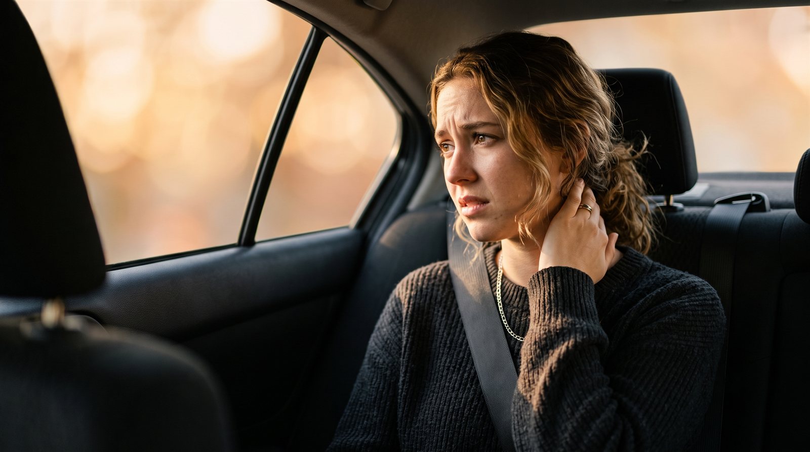 Injured back-seat passenger holding their neck after a rideshare crash in California