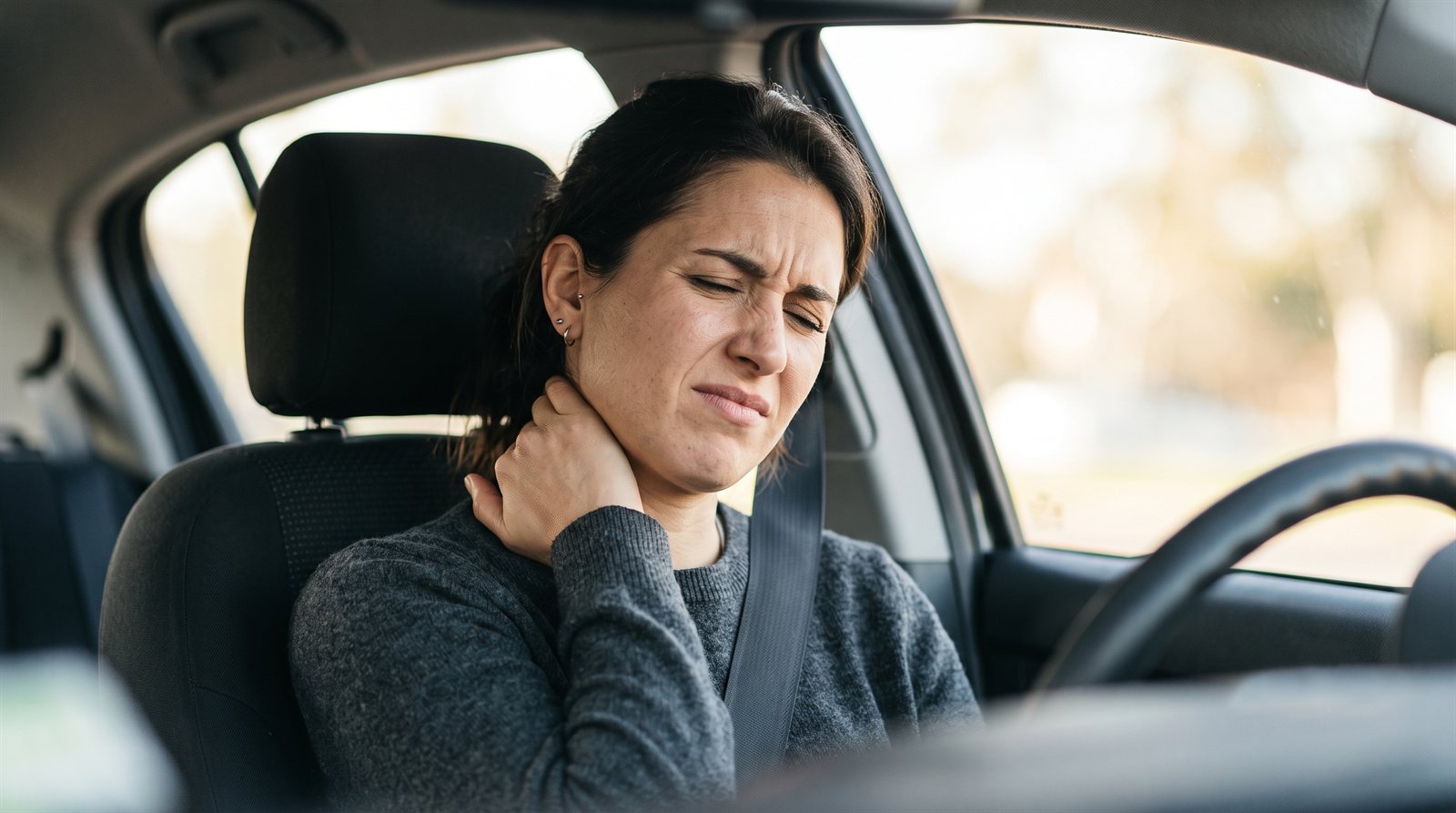 Woman holding her neck in pain after a whiplash injury in a California car accident