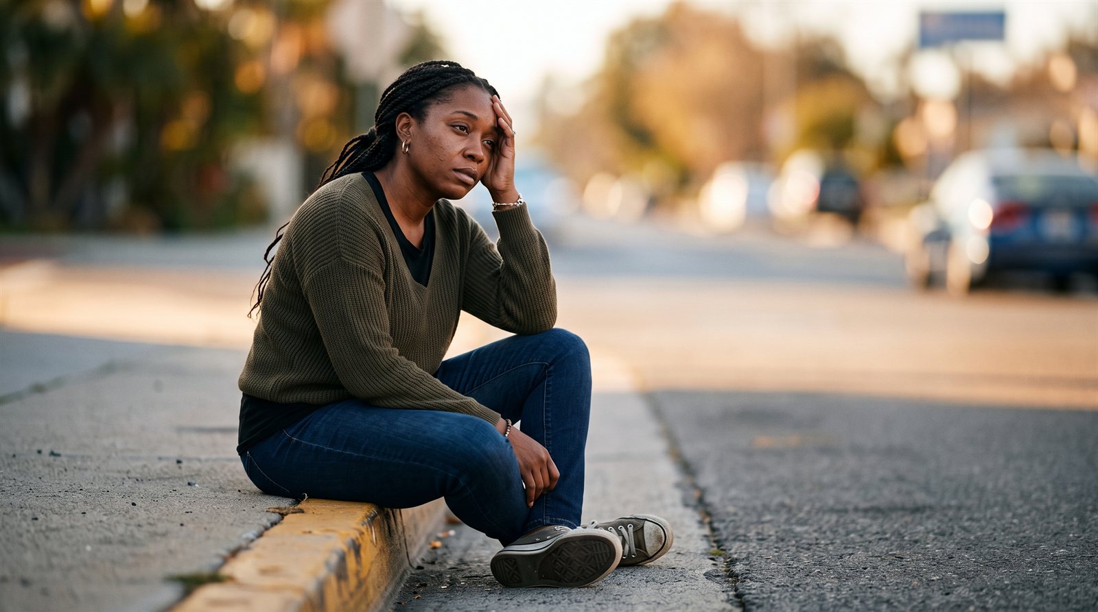 Black woman sitting on a curb after a car accident on a Southern California street, holding her head with a dazed, pained expression.