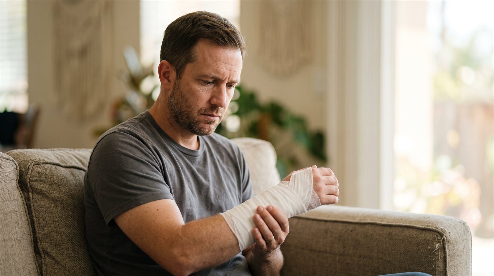 White man in his 40s sitting on a sofa in a sunlit living room, looking at a gauze bandage wrapped around his forearm.