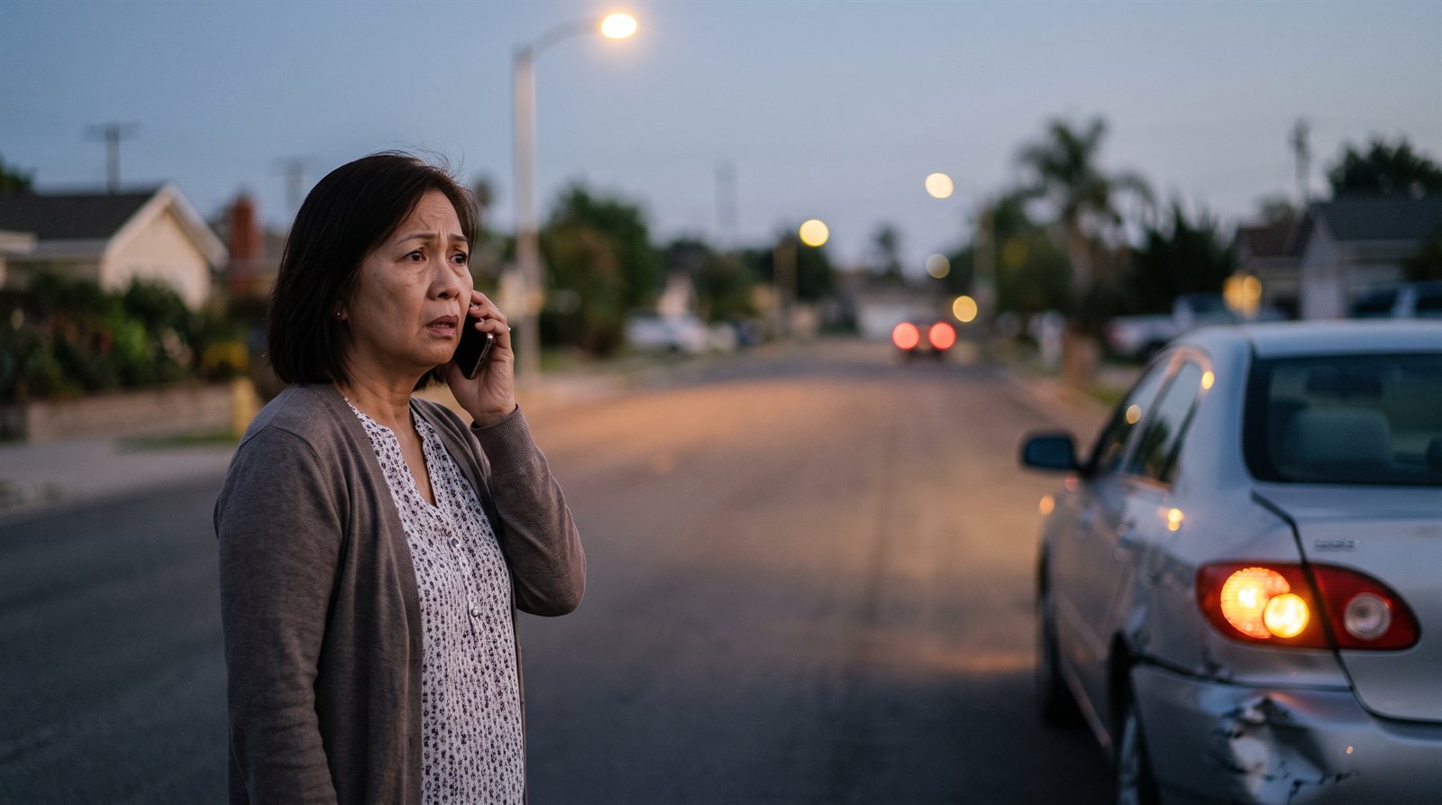 Woman on the phone beside her damaged car on a residential Southern California street at dusk as another car's taillights recede down the road.