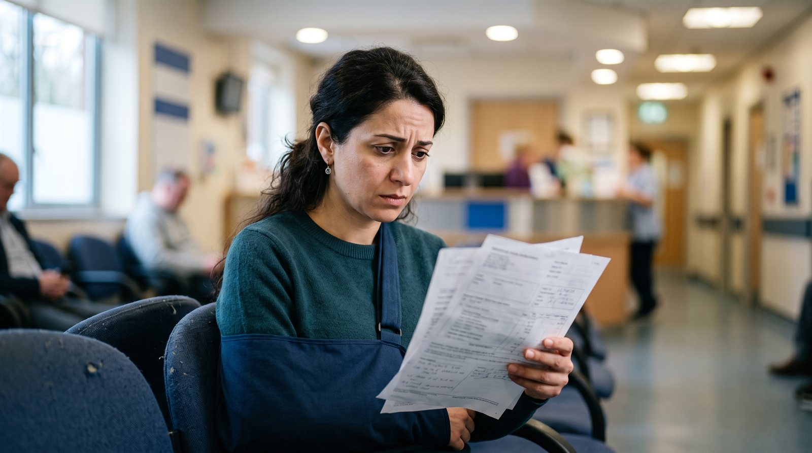 Woman with her arm in a sling reviewing a medical bill in a clinic waiting room, looking worried.