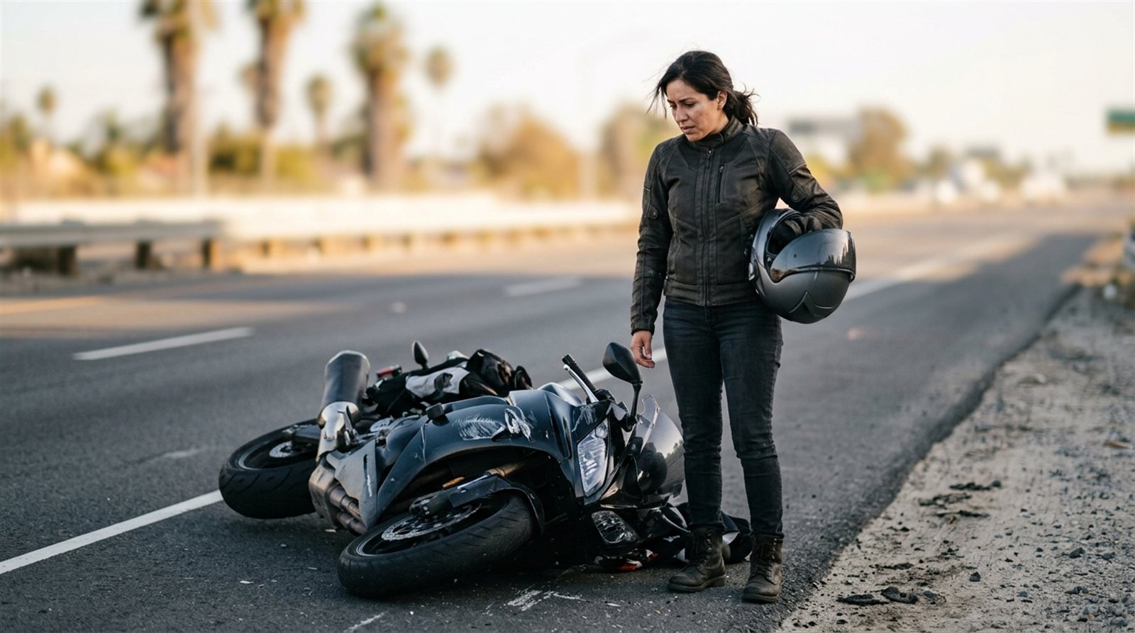 Latina woman in a motorcycle jacket holding her helmet, standing beside her overturned motorcycle on a Southern California road.