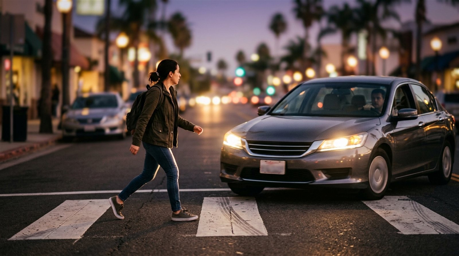 Pedestrian in a crosswalk in the headlights of a braking car on a Southern California street.
