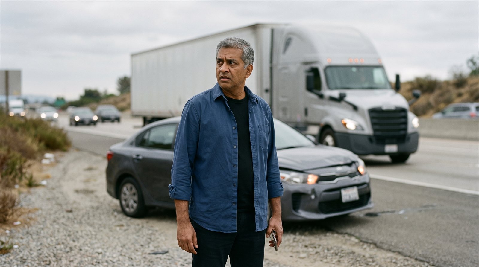 Man standing on the shoulder of a Southern California highway beside his damaged car after a collision with a semi-truck.