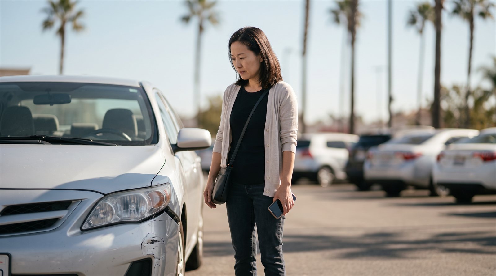 Woman in a parking lot looking at minor damage on the front bumper of her silver car after a fender-bender.