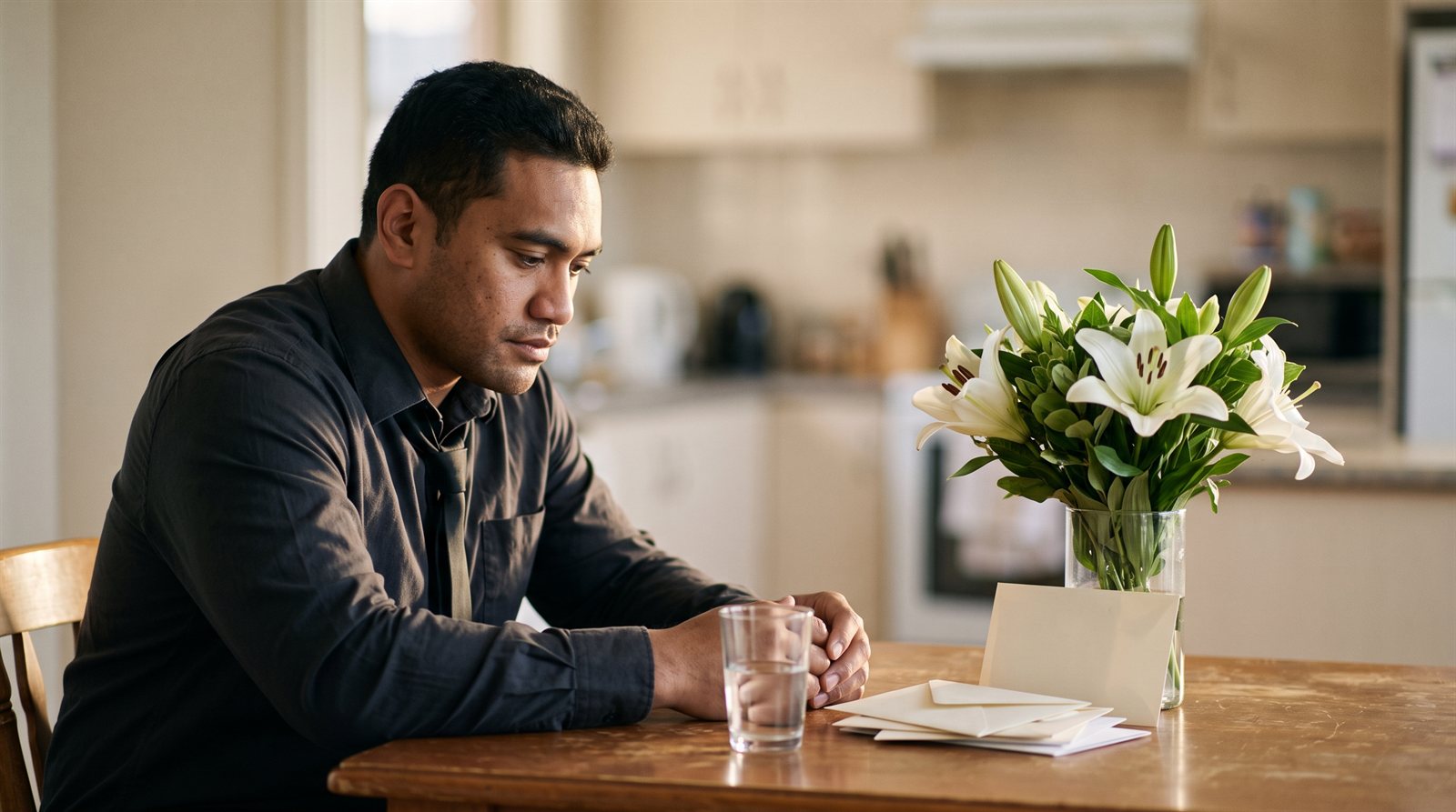 Man in a dark dress shirt and loosened tie sitting at a kitchen table beside white lilies and sympathy cards, looking down in grief.